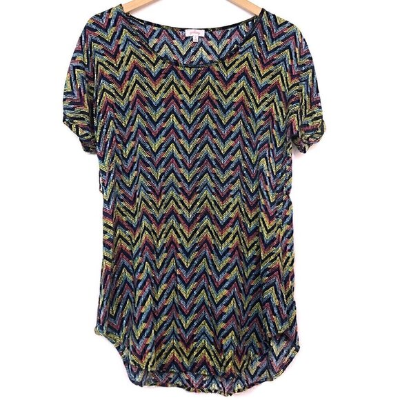 PIXLEY STITCH FIX Dotted Chevron Tunic Blue Pink Multi Short Sleeve Boho Blouse - Picture 2 of 7